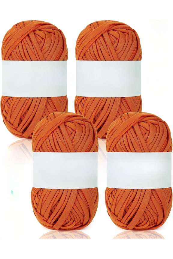 4 Pack 100g T Shirt Fabric Yarn Kit for DIY Hand Knitting, 130 Yds Spaghetti Yellow Crochet Cloth for Crocheting Bag, Basket & Blanket With 2 PCS Ergonomic Hooks