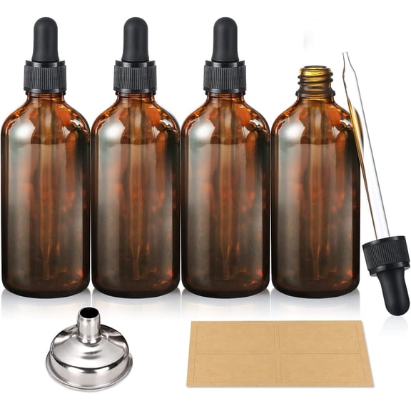4 Pack, 100ml Dropper Bottles with 1 Funnel & Labels - Essential Oils for Health, Personal Care Beauty 3.4oz Thick Dark Amber Glass Tincture Bottle Eye Droppers, Leakproof