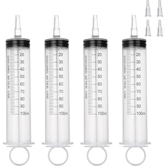 4-Pack 100ml Plastic Syringes – Multi-Purpose Measuring & Dispensing Syringe Tools for Liquids, Oils, and More