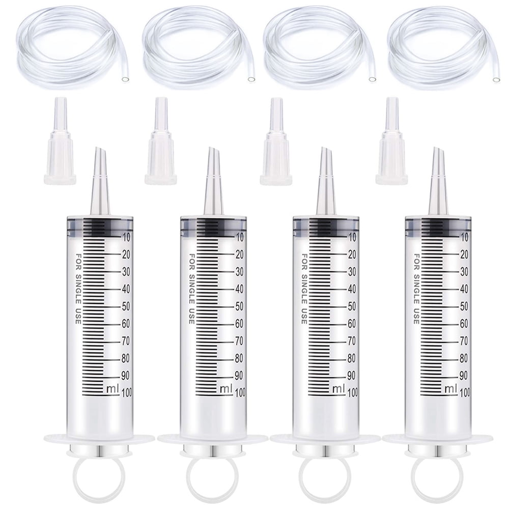 4 Pack 100ml Plastic Syringes,with PVC tubes & Tip Adapters for Feeding