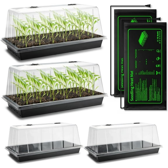 4-Pack 1020 Seed Starter Trays with 7.3'' Humidity Domes & 2-Pack Heat Mats – Heavy-Duty Seedling Trays with Adjustable Domes & Waterproof Heating Mats for Optimal Germination & Cloning Propagation