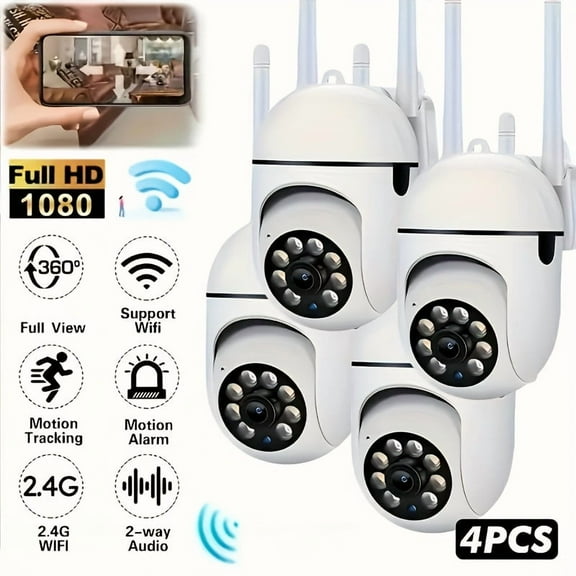 4 Pack 1080P HD Wireless WiFi Security Cameras 360 PTZ, PIR Motion Detection, Color Night Vision | 2-Way Audio, Wire-Free/Plug-In, No Internet Option | Home/Business Monitoring