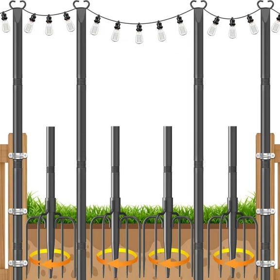4 Pack 10Ft String Light Poles,Poles for Outdoor String Lights with Fork and Fence Clamp,Hanging Lights Metal Stand Post for Deck Patio Backyard Garden Decorations