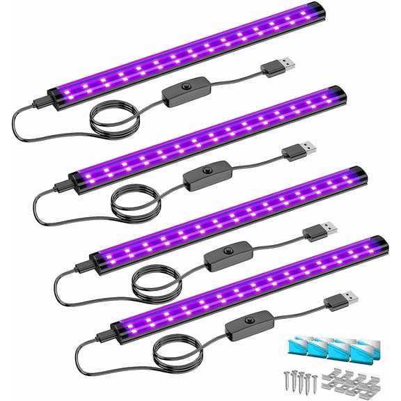 4 Pack 10W LED Black Light Bar, 1ft, USB Blacklight Tube, Blacklight Bars with Switch, Black Light for Fluorescent Tapestry Poster, Cabinet, Glow Party, Halloween, Classroom, Body Paint