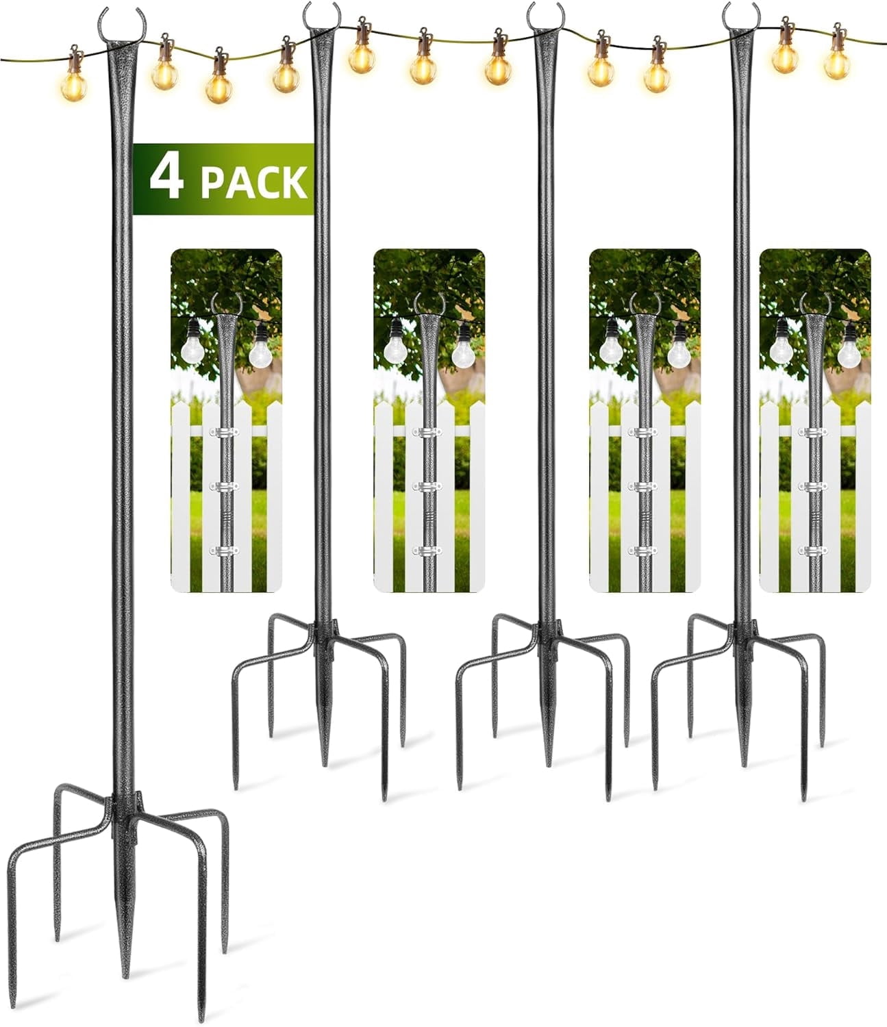 4 Pack 10ft Outdoor String Light Poles for Outside and Deck - Ideal for Patio, Garden, Yard, Front Porch Decorations, Frosted Silver