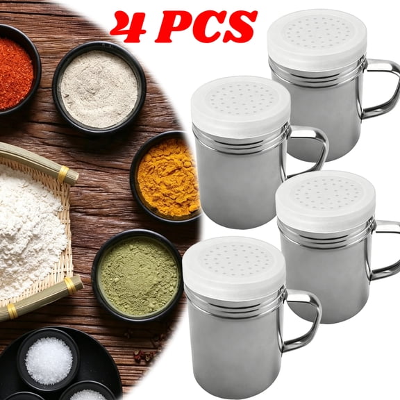 4 Pack 10oz Stainless Steel Salt Pepper Dredge Shakers With Plastic Cap and Handle, Seasoning Shaker for Cooking Kitchen Baking
