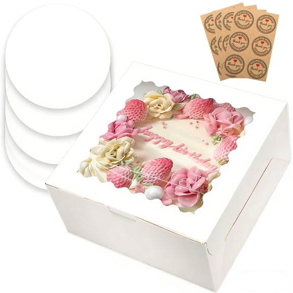 4 Pack 10x10x5 Inches Cake Boxes with Window & Boards, Disposable Cake Containers with Lids for Pastry Pie Cookies Chocolates Wedding Birthday Party