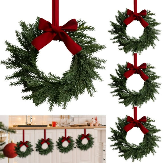 4 Pack 11 Inch Mini Wreaths for Cabinets,Mini Christmas Wreath,Christmas Kitchen Wreaths with Red Velvet Bow,Artificial Norfolk Pine Wreath Outdoor for Windows Door Chairs Wall Stairs Home Decor,4PCS