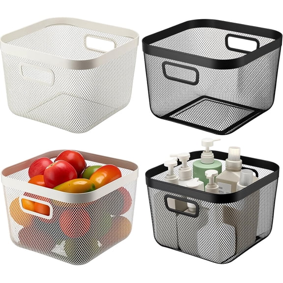 4 Pack 11'' Large Metal Mesh Steel Basket with Hollow Handles Square Wire Mesh Open Bin Fruit Storage Basket Containers for Home Kitchen, Items Vegetables, Black & White(Large)