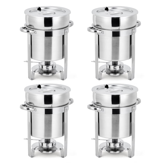 4 Pack 11QT Stainless Steel Round Soup Chafer Set with Pot Notched Lids Fuel Holders Commercial Food Warmer for Buffets Parties Events
