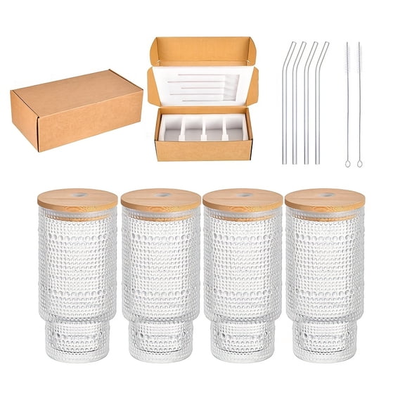 4-Pack 11oz Vintage Embossed Glass Cups with Lids & Straws - Bamboo Mason Jar Style for Beer/Cocktail/Iced Coffee