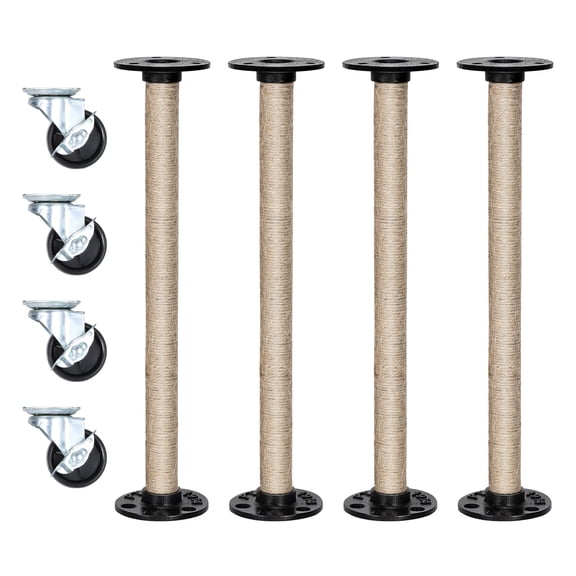 4 Pack 12.13" Jute Wrapped Industrial Pipe Table Legs with 4 Swivel Casters, Heavy Duty Rustic Furniture Legs Set