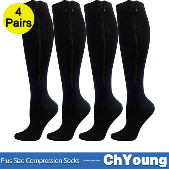 (4 Pack) 12# 4XL Zipper Compression Socks - 15-20 mmHg Open Toe Medical Compression Stockings for Women and Men - Improves Blood Circulation, Relieves Pain & Swelling ChYoung