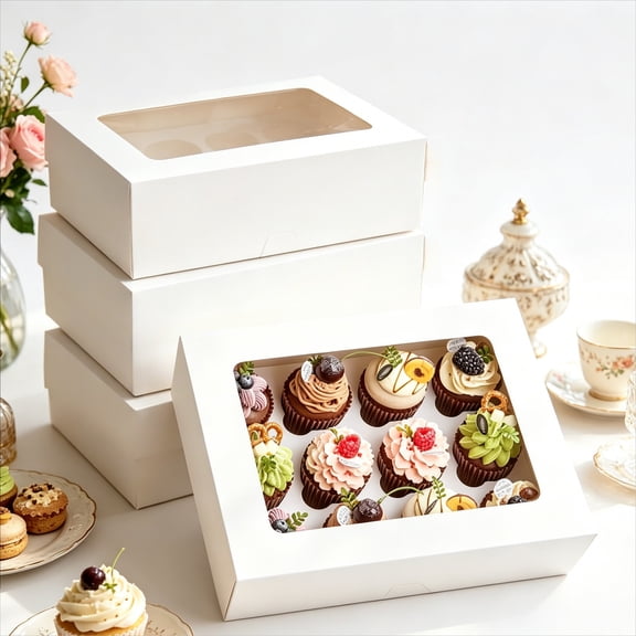 4 Pack 12 Count Cupcake Boxes, White Cupcake Containers with Windows and Inserts, Disposable Cupcake Carriers for Muffins, Treats and Pastries, 13 x 10 x 4 Inches
