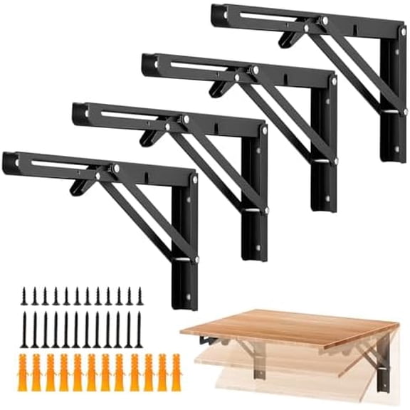 4 Pack 12 Inch Folding Shelf Brackets – Matte Black, Heavy Duty Collapsible Brackets for Tables and Benches – Space-Saving Design