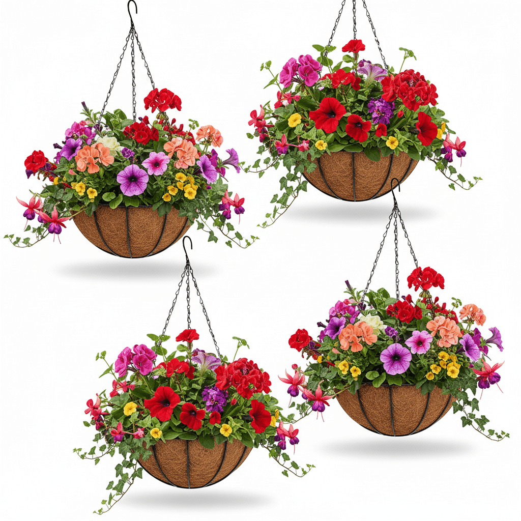 4 Pack 12 Inch Hanging Flower Baskets for Outdoor Plants Large Metal Wire Planters with Coco Liner Pot for Home Planting Black Watering Plant Holders for Outside Garden