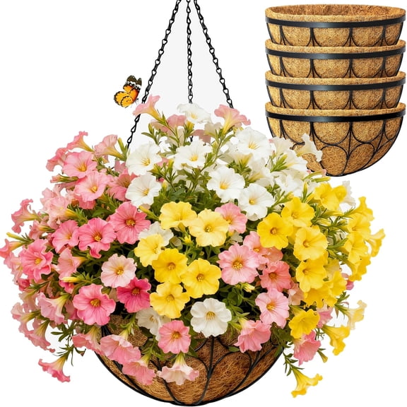 4 Pack 12 Inch Hanging Planters for Outdoor PlantsLarge Wire Flower Hanging Basket with Coco Liners for Balconies, Patios, Porch, Terraces Decor