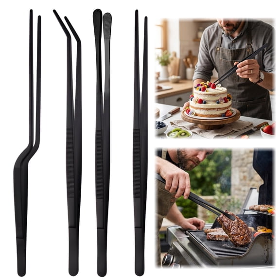 4 pack Stainless Steel Kitchen Tweezers Set, 12 inch Fine Tip Food Tweezers for Cooking, Plating and Grilling