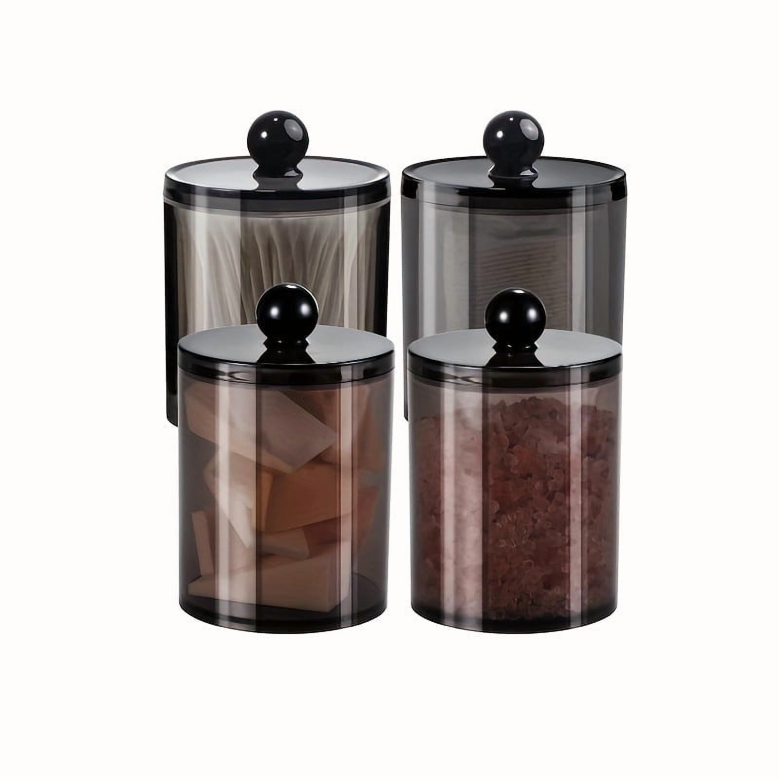 4 Pack of 12 Oz. Dispenser Apothecary Jars Bathroom with Labels - Holder Storage Canister Clear Plastic Acrylic Jar for Ball,Cotton Swab,Cotton Rounds,Floss Picks, Hair Clips (Black)