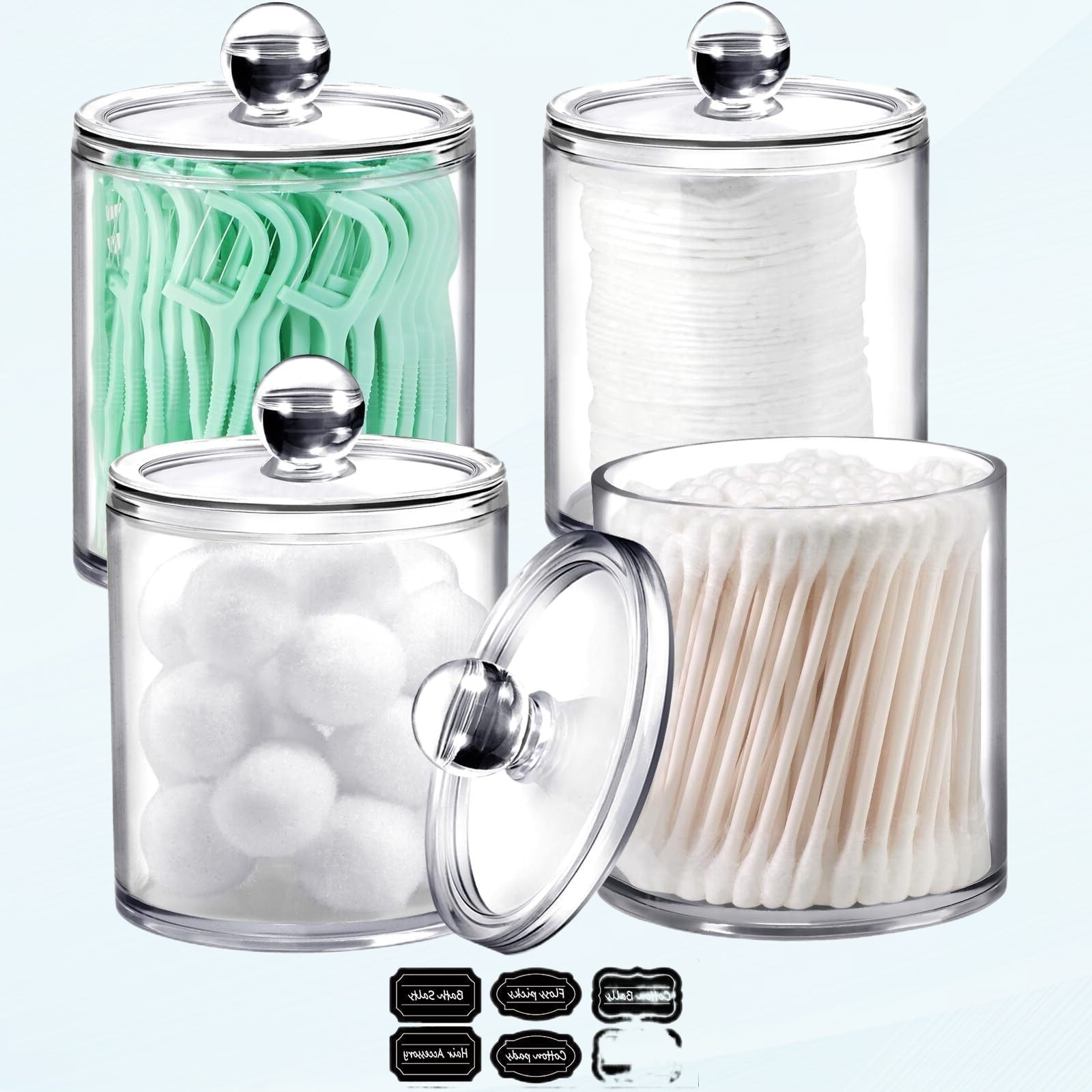 4 Pack of 12 Oz. Plastic Acrylic Bathroom Vanity Countertop Canister Jars with Storage Lid, Apothecary Jars Organizer Qtip Holder for Cotton Balls, Wraps, Pads, Bath Salts (Clear, 12 Oz)