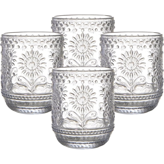 4 Pack 12 Oz Vintage Glassware Drinking Glasses Set, Embossed Floral Decorative Glassware Set for Whiskey, Beer, Juice, WineTransparent