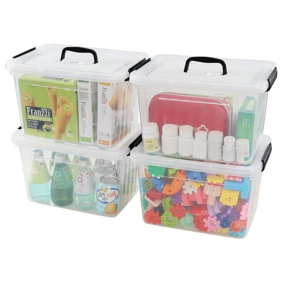 4 Pack 12 Quart Latching Storage Box with Handle, Clear Lidded Tote Bin