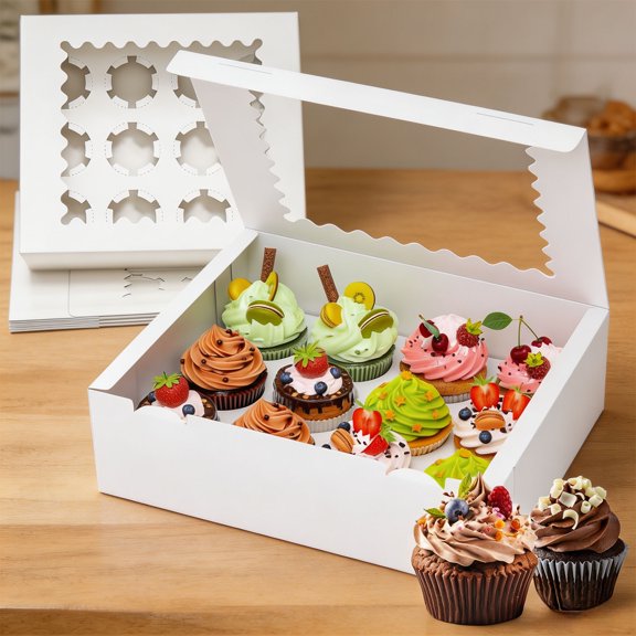 4 Pack 12 Slot White Cupcake Boxes with Clear Window, 11.65 Inch Bakery Containers, Sturdy Inserts for Birthday Parties, Bakery Retail and Homemade Muffin Gifting