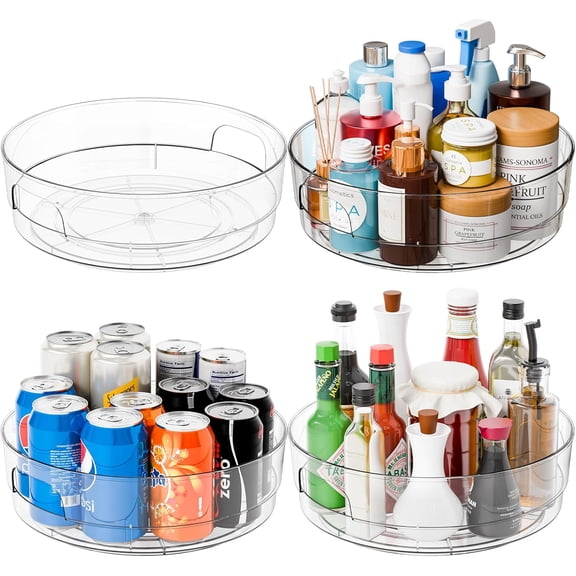 4 Pack 12" W Clear Acrylic Lazy Susan Turntable for Cabinet,Refrigerator,Pantry and Kitchen - with Handle - Large Fridge Sauce Condiment Turn Table Organizer,Spinning Round Spice Rack Carousel
