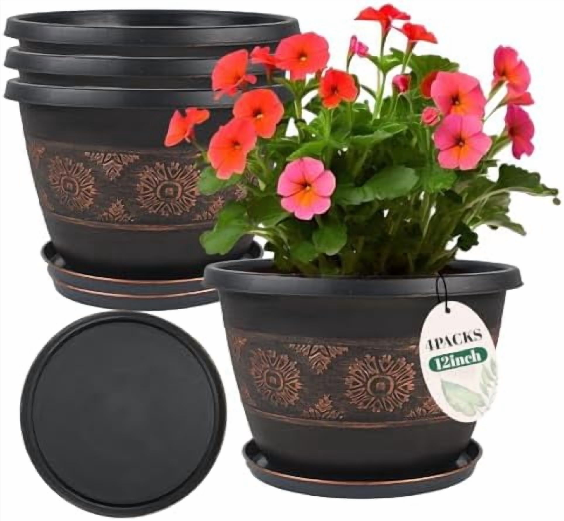 4 Pack 12 inch Plant Pots, Retro Pattern Planters with Drainage Holes ...