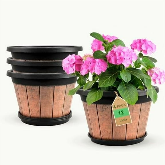 4 Pack 12 inch Plant Pots,Whiskey Barrel Planters with Drainage Holes & Saucer,Plastic Decoration Flower Pots Retro Design,Planters for Outdoor Indoor Garden Home Plants (Brown)