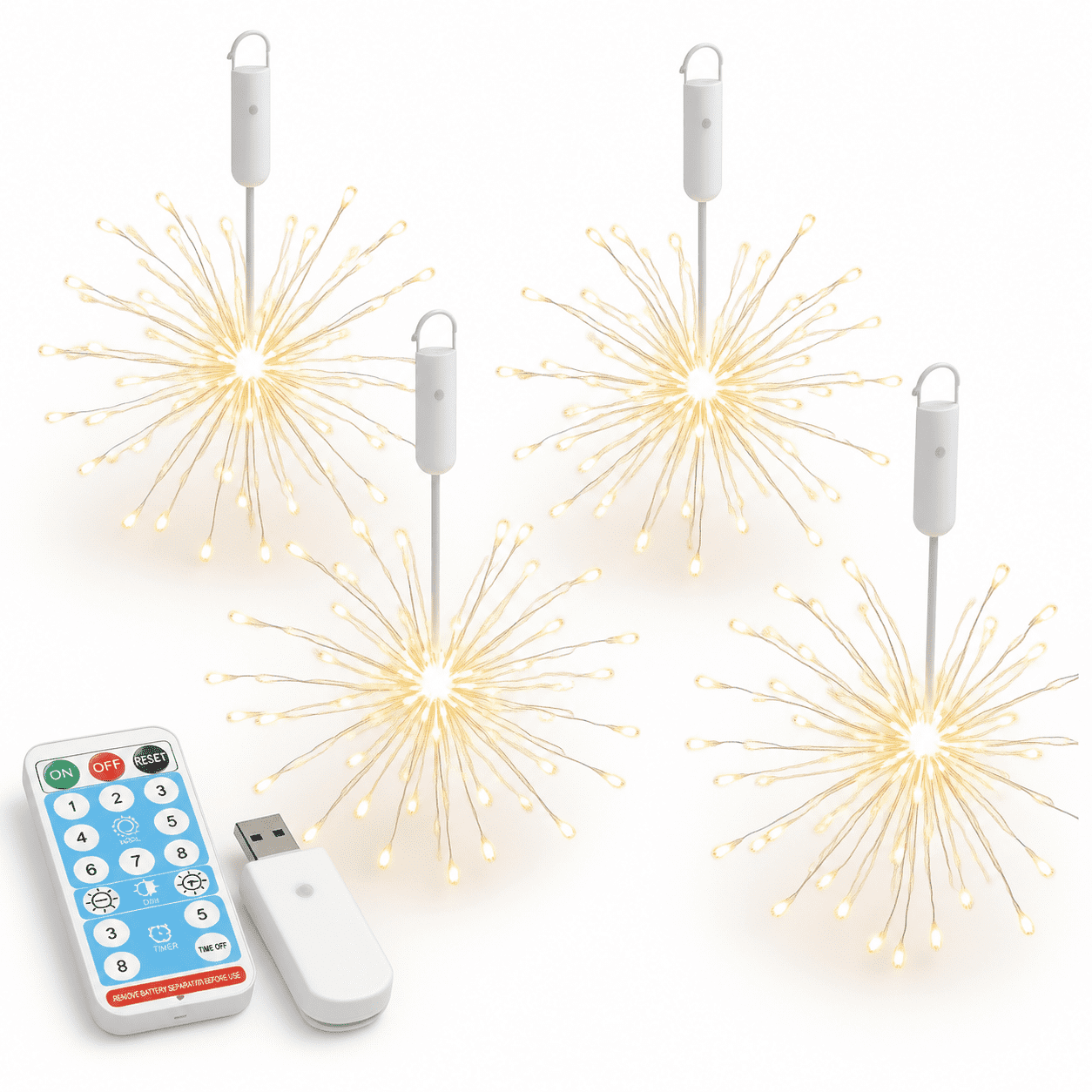 4 Pack 120 LED Firework String Lights, Rechargeable, 8 Modes ...