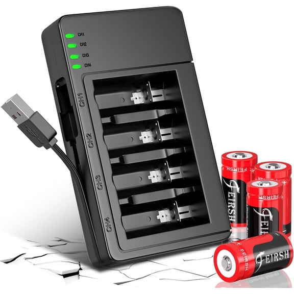 4 Pack 123A Rechargeable Batteries Set with Charger, Universal Replacement Batteries for Arlo Cameras, Alarm System and Flashlight