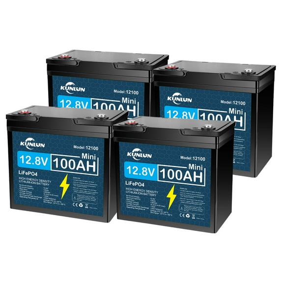 4 Pack 12V 100Ah LiFePO4 Lithium Battery, Built-in 100A BMS, for RV, Marine