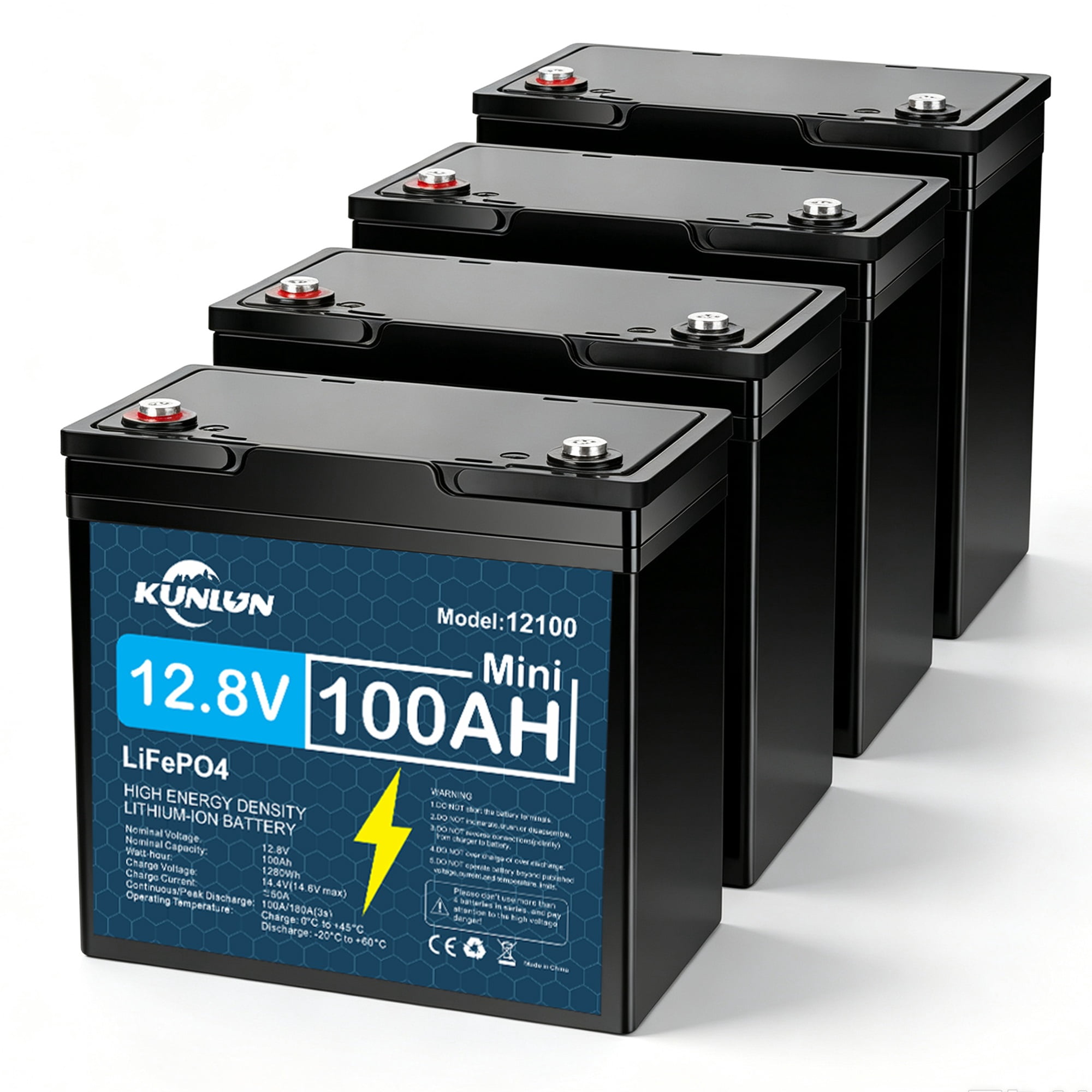 4 Pack 12V 100Ah LiFePO4 Lithium Battery, Built-in 100A BMS, for RV, Marine