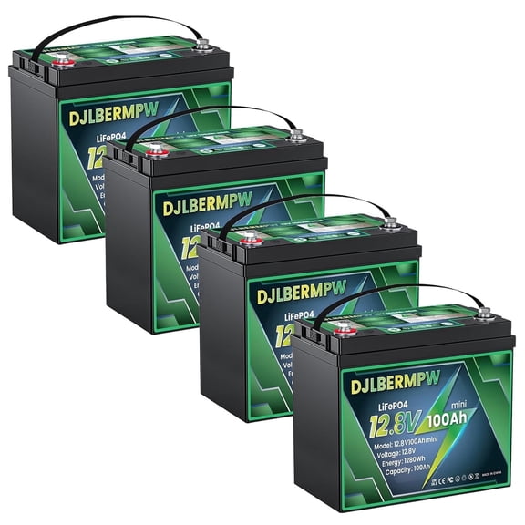 4 Pack 12V 100Ah Mini LiFePO4 Lithium Deep Cycle Marine Battery Rechargeable BMS for RV, Solar, 3HPGolf Cart