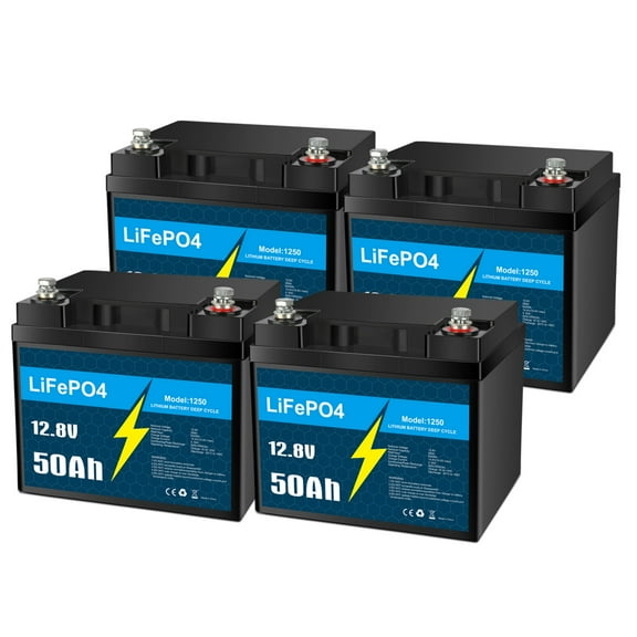 4 Pack 12V 50Ah LiFePO4 Lithium Battery with Smart BMS for RV, Solar, Trolling Motor