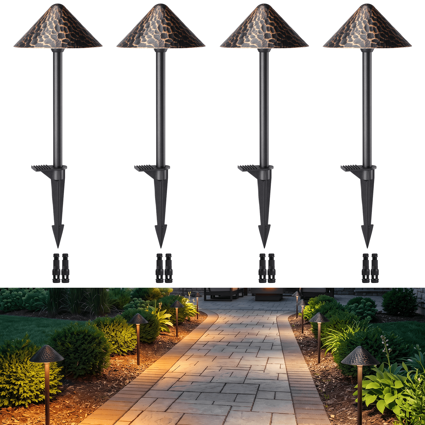 4 Pack 12-24V AC/DC 3W 5CCT LED Landscape Lights, Waterproof Pathway Lights, Rustic Style, Aluminum Housing, CRI90+, ETL Listed, 1800K/2700K/3000K/4000K/5000K Selectable
