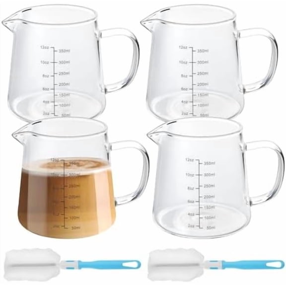 4 Pack 12oz Coffee Measuring Glass Cups, Heat Resistant Espresso Shot Pitcher Glass Cup, Microwave & Dishwasher Safe Milk Frothing Pitcher Creamer Container