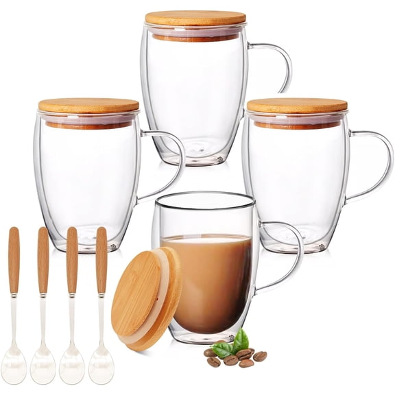 4 Pack 12oz Double Walled Glass Coffee Mugs with Bamboo Lid/Spoon, Clear Coffee Cups and Mugs Set of 4, Cappuccino Latte Glasses Cups, Espresso Mug Cups for Latte, Hot/Cold Drink