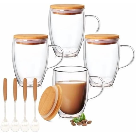 4 Pack 12oz Double Walled Glass Coffee Mugs with Bamboo Lid/Spoon, Clear Coffee Cups and Mugs Set of 4, Cappuccino Latte Glasses Cups, Espresso Mug Cups for Latte, Hot/Cold Drink