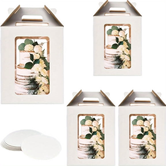 4 Pack 12x12x14 Inch Large Tall Cake Boxes with Windows and Boards for Multi-Layer Tier Cakes