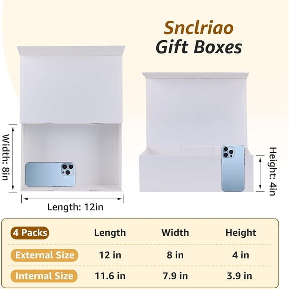 4 Pack 12x8x4 Inches White Gift Boxes and 4 Pack 9.5x7x4 Inch Blue Gift Boxes,Magnetic Gift Box with Lids for Present,Collapsible Box Bulk for Bridesmaid Groomsmen Proposal Wedding Graduation