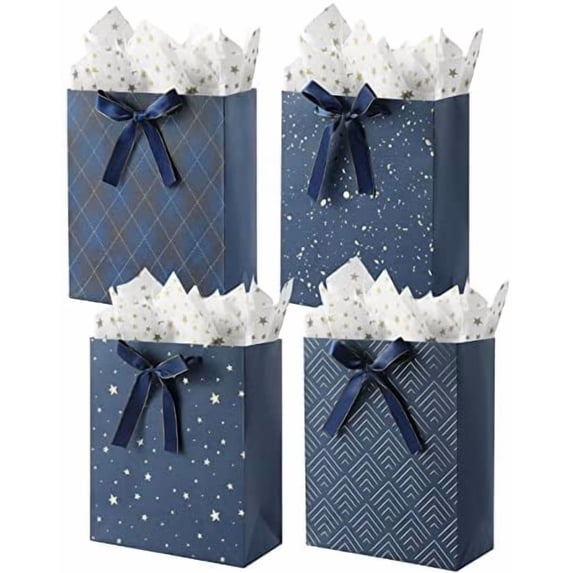 4 Pack 13" Large Size Gift Bags Assorted Premium Blue Gift Bags with Tissue Paper Use for Birthdays, Baby Shower,weddings,Party Favor, Holiday Presents-10" X 5" X 13"