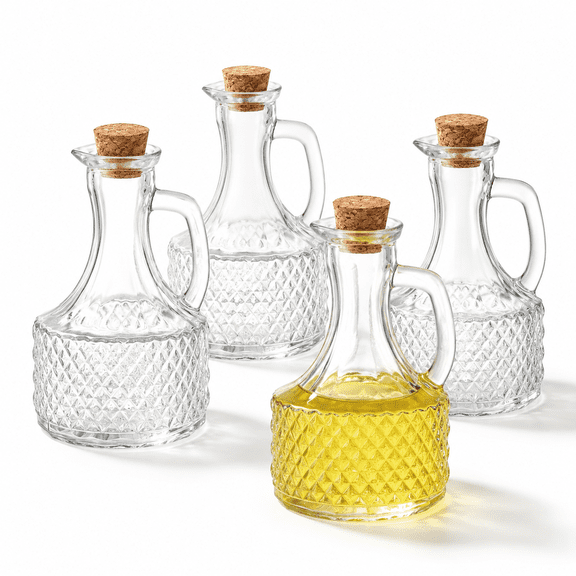 4 Pack 13.5 Ounce Glass Oil and Vinegar Cruet Set with Handle Cork