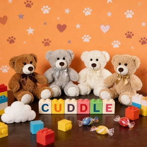 4-Pack 13.78" Teddy Bear Plush Dolls with Bow Ties, Coffee Khaki Beige Light Gray, PP Cotton Fill