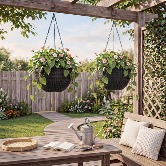 4-Pack 13.8” Self-Watering Hanging Planters – Round Resin Baskets with Rattan-Style Design, Deep Inner Pot, Drainage Plug & Metal Triple-Chain Hangers for Indoor & Outdoor Plants