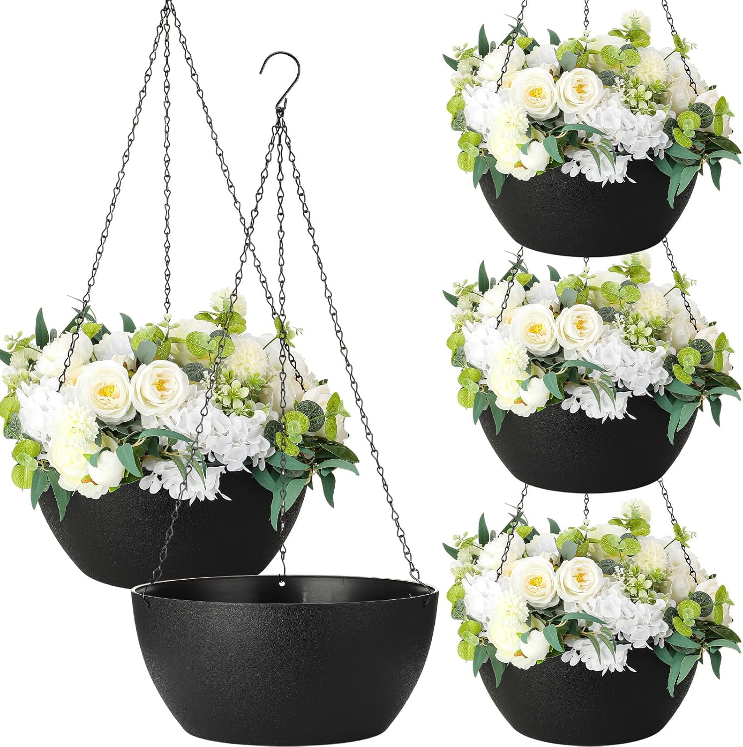 KitchenKey 4 Pack 13 Inch Large Hanging Planters Indoor Outdoor Flower Pots, Plant Containers with Drainage Hole Round Hanging Plant Pot for Home Garden Porch Balcony Patio Decor(Black)