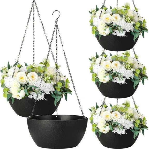 KitchenKey 4 Pack 13 Inch Large Hanging Planters Indoor Outdoor Flower Pots, Plant Containers with Drainage Hole Round Hanging Plant Pot for Home Garden Porch Balcony Patio Decor(Black)