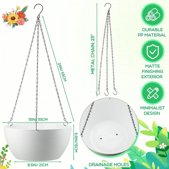 4 Pack 13 Inch Large Hanging Planters Indoor Outdoor Flower Pots, Plant Containers with Drainage Hole Round Hanging Plant Pot for Home Garden Porch Balcony Decor (White)