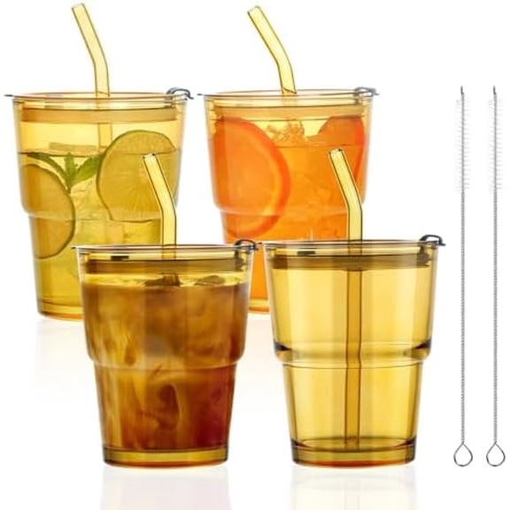 4 Pack 13 Oz Amber Glass Cups with Lids and Straws Glass Iced Coffee Cups with Lids Vintage Glass Tumbler for Beer Ice Coffee Fruit Juice Elegant Aesthetic Cup Glassware Include 2 Cleaning Brushes